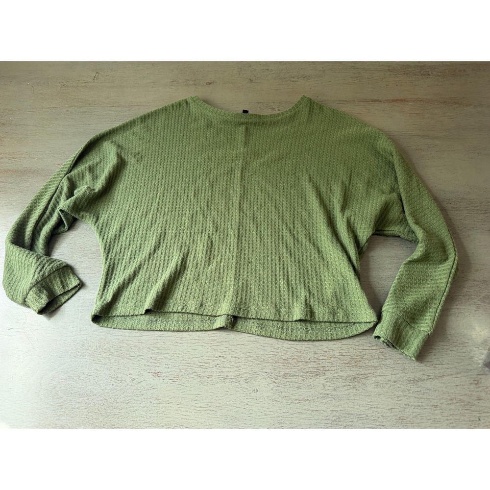 Womens Olive Green Waffle Knit Oversized Batwing Sleeve Top Crew Neck Crop L